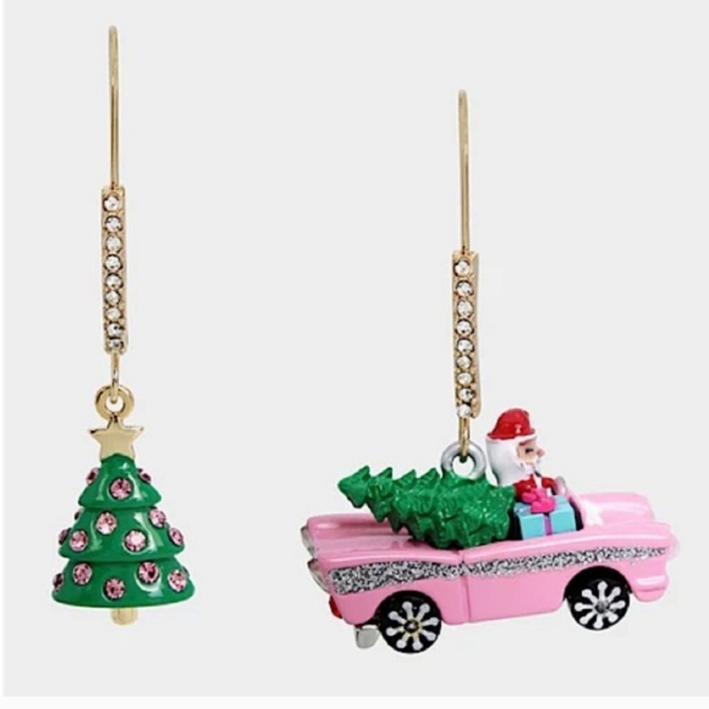 BETSEY JOHNSON  Jingle Bell Bling SANTA 🎅Car Mismatch EARRINGS 🎄🎅✨️❤️